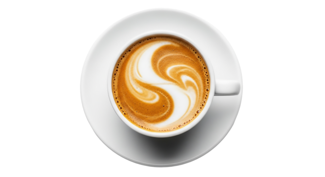 Top view of a cup of cappuccino with latte art isolated on transparent background
