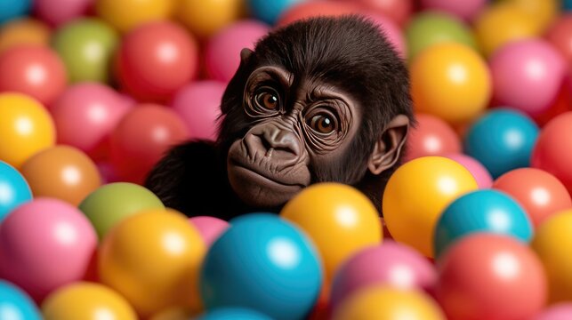 A baby gorilla joyfully plays in a vibrant ball pit, surrounded by colorful balls. The close-up captures its curious expression and playful spirit at the animal sanctuary - Powered by Adobe