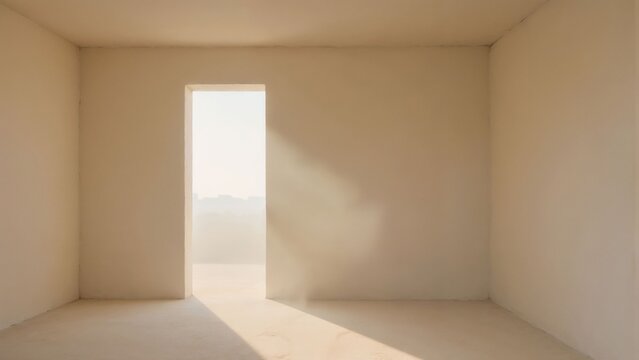 Empty beige room with bright light from narrow doorway