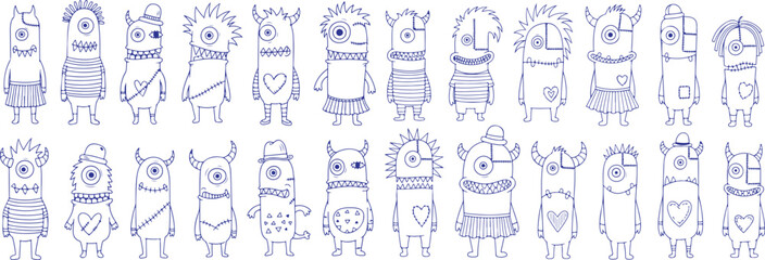 Vector art of handdrawn blue pen sketch of funny cartoon monsters isolated on