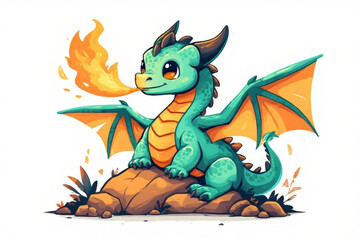 Obraz premium A cute, cartoon dragon, perched on a rock, exhaling a fiery breath.