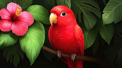 A striking red parrot rests on a branch adorned with hibiscus flowers, set against a dark backdrop of lush tropical leaves, showcasing exquisite detail and vibrant color