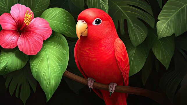 A striking red parrot rests on a branch adorned with hibiscus flowers, set against a dark backdrop of lush tropical leaves, showcasing exquisite detail and vibrant color - Powered by Adobe