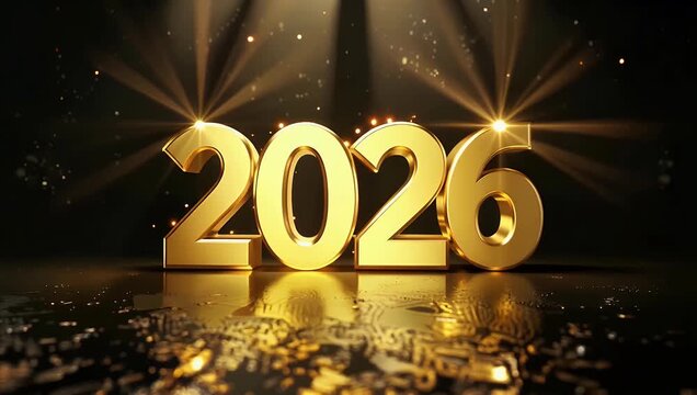 Glittering gold 2026 numerals on a stage with spotlights for a celebratory year end scene