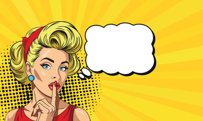 A thoughtful young woman in pop art style with a speech bubble. On a yellow background. Pop art in comic book style.