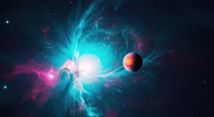 Exoplanet Orbiting Through Swirls of Glowing Turquoise and Pink Cosmic Dust