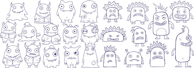 Vector art of set of cute cartoon monster characters line art isolated on