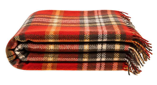 Folded red tartan blanket isolated on transparent background for warmth and comfort