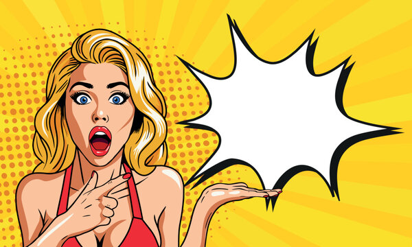 A shocked young woman shows a pop art expression. On a yellow background. Pop art in comic book style.