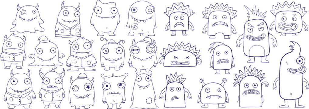 Vector art of set of cute cartoon monster characters line art isolated on