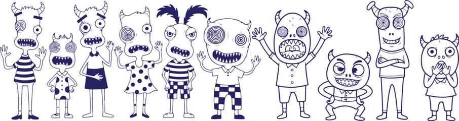 Vector art of group of funny and spooky cartoon monsters with various expressions and patterns