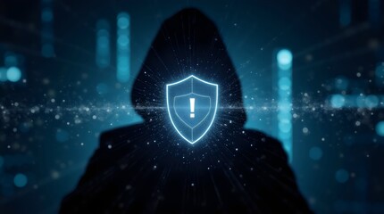 A mysterious figure in a hooded cloak stands against a digital backdrop, symbolizing cybersecurity and protection.