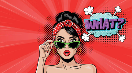 Young woman surprised in pop art style with a speech question. Pop art in comic book vector style.