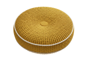 Isolated mustard yellow knit round cushion on a seamless background for modern decor needs