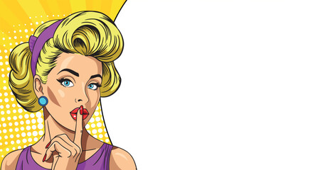 Young blonde woman in pop art style with a large banner. Pop art in comic book vector style.