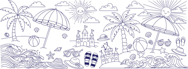 Vector art of hand drawn doodle set of summer beach elements isolated on