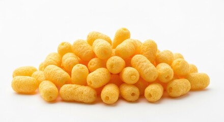 Pile of puffed corn snacks, bright yellow, on a white background