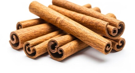 Pile of curled, dried brown cinnamon sticks on a white background