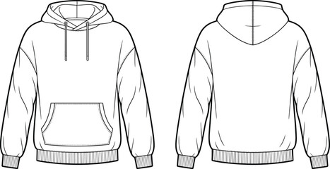 Oversized hoodie technical fashion illustration, vector flat drawing, streetwear template, isolated front and back views, kangaroo pocket, cad drawing flat vector