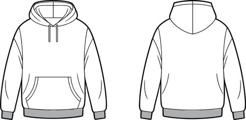 Men's oversized hoodie technical fashion illustration, vector flat drawing, streetwear mock up template, isolated front and back views, cad drawing flat vector