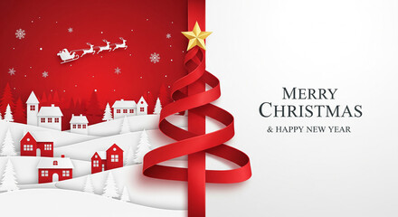 Christmas festive background with red ribbon tree and winter landscape