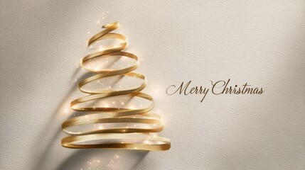 Elegant Christmas tree made of golden ribbon with Merry Christmas greeting