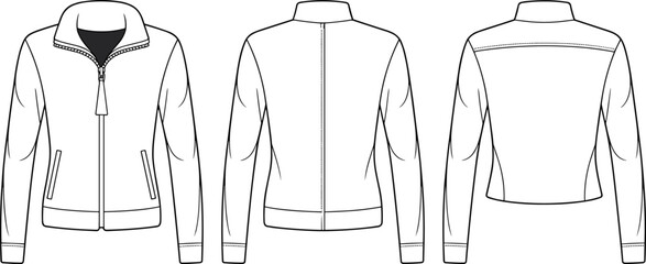 Women's zip-up jacket technical fashion illustration, vector flat drawing, sportswear mock up template, isolated front and back views, cad drawing flat vector