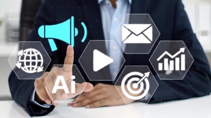 Futuristic Digital Marketing and AI Interface Icons. Business Professional Using Hexagonal Tech Symbols. Modern Communication and Data Analytics Tools. - Powered by Adobe