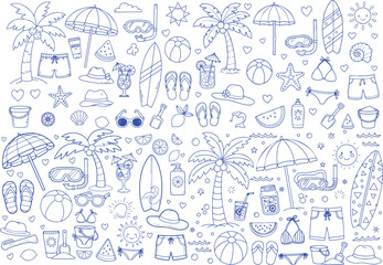 Vector art of handdrawn summer beach vacation doodle set with various holiday elements