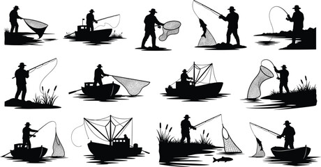Collection of fisherman silhouettes catching fish with nets and rods on boats and river banks, black vector illustration set.