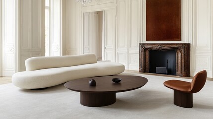 Naklejka premium This inviting living room showcases beige walls and white molding, accentuated by a cream sofa and dark wood coffee table. A striking painting above the fireplace adds warmth
