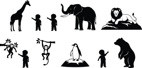 Collection of wild animal silhouettes including giraffe, elephant, lion, monkey, penguin, bear, and pointing child vector illustration set.