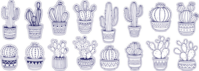 Vector art of hand drawn doodle style cacti in pots, succulent plants isolated on
