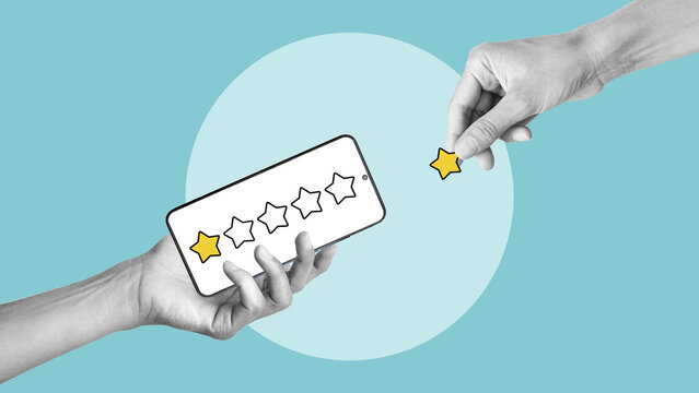 Customer complaints - Hand selects two stars rating on smartphone screen. Reputation management, angry feedback from client, service ratings, negative reviews