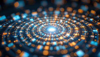Abstract representation of technology and data streams in a circular pattern, with a vibrant glowing center. This image captures the essence of digital transformation.