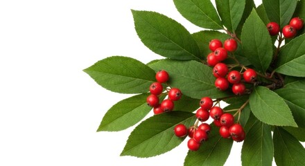Red berries cluster with vibrant green leaves, isolated on a white backdrop