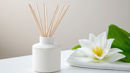 A soothing aromatherapy diffuser stands elegantly on a white table, complemented by a water lily flower and subtle atmospheric effects. Wooden sticks create a tranquil setting