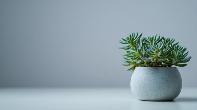 Elegant succulent plant in minimalist grey pot on neutral surface backdrop