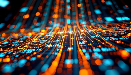 Abstract illustration of data streams with glowing light effects, depicting modern technology and digital transformation. It features flowing lines of data.