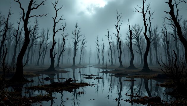 A haunting scene of a dark, foggy forest with bare trees reflected in the still water of a swamp