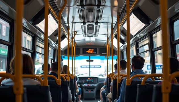 A bus interior with passengers, depicting public transport and travel. The scene provides a perspective into daily commuting and urban mobility