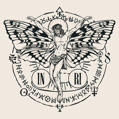 Hand drawn crucifixion of Jesus Christ with alchemical and masonic symbols and dragonfly wings. Vector retro banner on religious theme with encrypted signs written in a circle. T-shirt design. Tattoo.