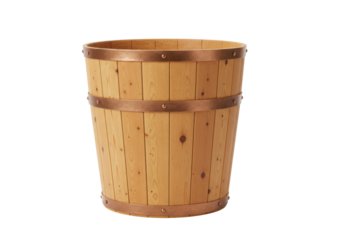 Isolated rustic light brown wooden barrel with metal straps, container, gardening, planter