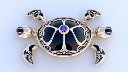 This ornate jewelry box showcases a turtle design adorned with gold and purple gems, complemented by striking blue eyes