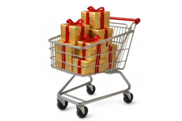 Shopping cart brimming with gold gifts and red ribbons, celebrating holiday season purchases and festive consumerism