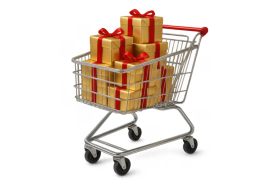 Shopping cart brimming with gold gifts and red ribbons, celebrating holiday season purchases and festive consumerism
