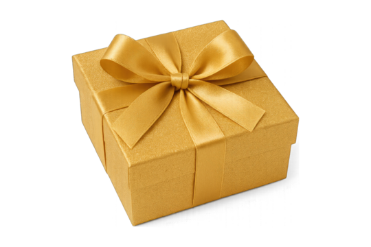 Golden gift box with satin ribbon for celebrations and special occasions