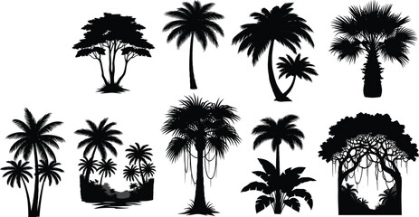 Collection of black tree silhouettes including palm trees, jungle forests, and tropical nature plants vector illustration set.