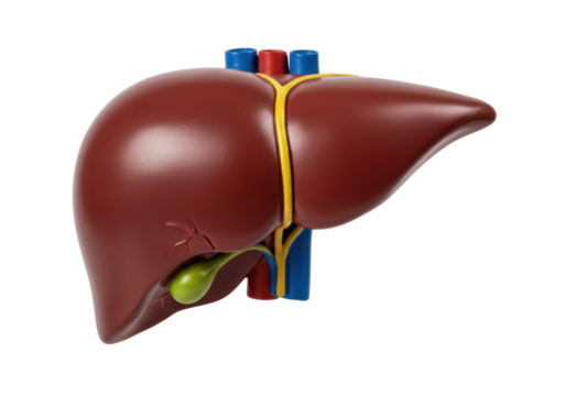 Isolated human liver, detailed medical model showing gallbladder, and hepatic blood vessels