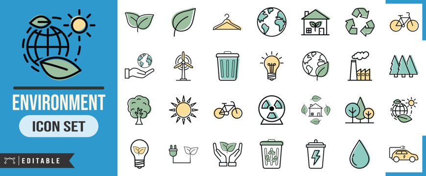 Environment icon set featuring ecofriendly symbols for sustainability and nature conservation, vector illustration